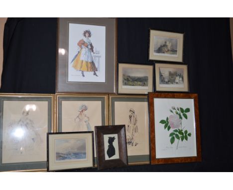 Watercolours, engravings and sketches, to include: a silhouette painting; full-length portrait of 19th Century men and women;