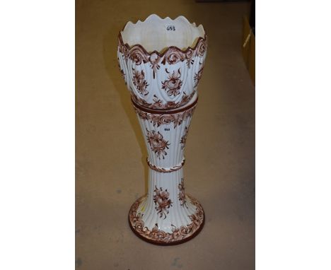 A Continental hand-painted ceramic jardiniere and stand, decorated with flowers.