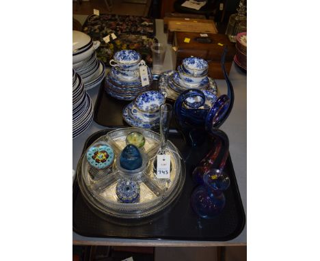 Mintons blue and white ceramics, to include: tea cups; saucers; side plates; and other items; together with glass paperweight