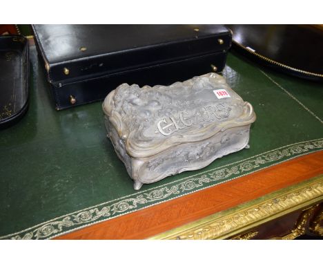 An Art Nouveau plated metal 'cigars' box, 26cm wide. 