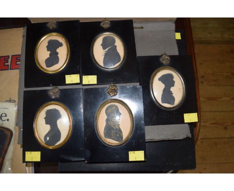 Five similar 19th century portrait miniature silhouettes, four labelled 'Likenesses, Drawn In One Minute by J H Gillespie, Pr