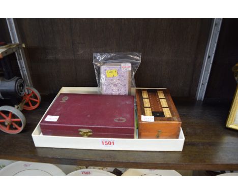 A mixed lot, comprising: a pack of vintage playing cards; an inlaid cribbage board; a travelling chess set; and P Wenham 'One