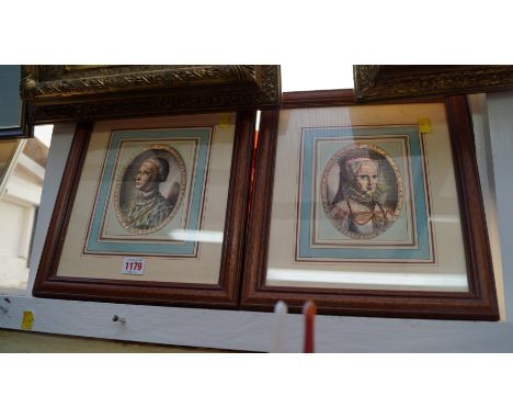 An antique coloured portrait of Mary I; and companion, a pair, 14 x 10.5cm oval, glazed on both sides. 