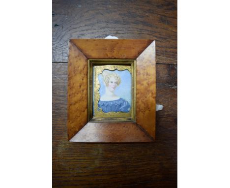 English School, 19th century, head and shoulders portrait miniature of a young lady, on ivory, 7.7 x 6cm, in a bird's eye map