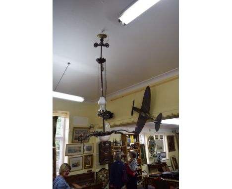 A large antique country house three branch ceiling light, with rise and fall action.