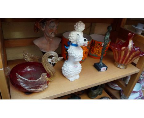 Two Murano glass items; together with a Goebel novelty poodle decanter and stopper; and four others 