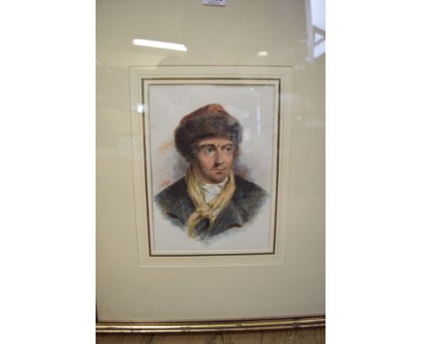 European School, head and shoulders portrait of a man with a fur trimmed hat, unsigned, watercolour, 24 x 18cm.