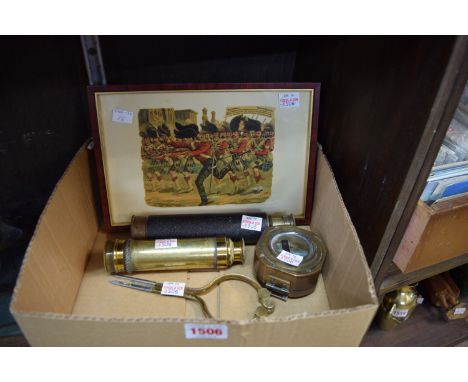 Two brass three drawer telescopes, one inscribed 'Falcon 22X Enbeeco'; together with a brass compass; a military print; and a