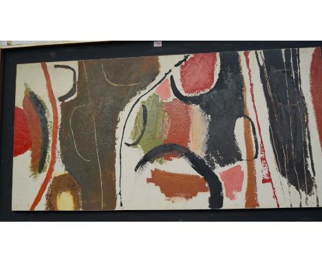 Sheila McCririck, untitled abstract, oil on canvasboard, 58.5 x 119.5cm. 
The artist was head of art at Bishop Otter college.
