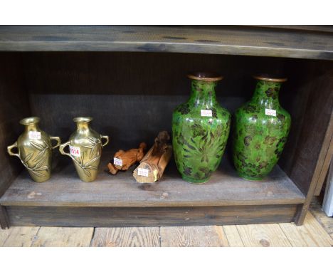 A pair of Oriental brass vases, moulded with bamboo, 15.5cm high; together with a pair of cloisonne enamel vases; and two car