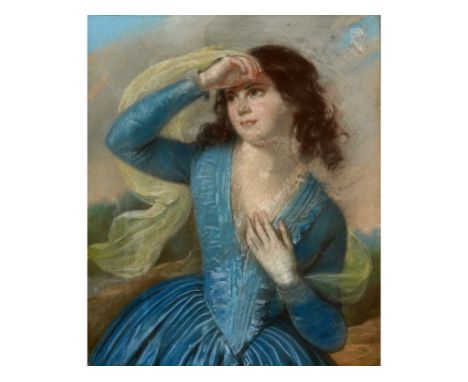 English school, early 19th century, a three quarter length portrait of a girl wearing a blue dress, pastel, indistinctly sign