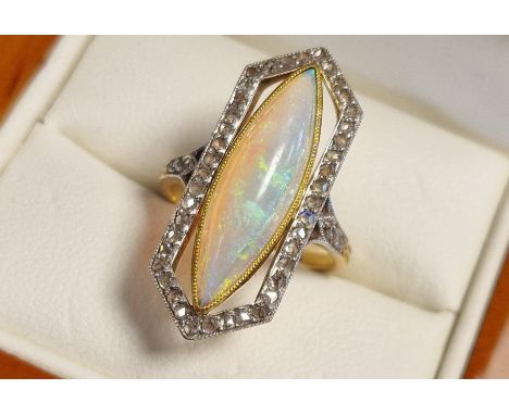 18ct Gold, Opal &amp; Diamond Antique (late 19th century) Dress Ring - the central marquise Opal measures 3.5ct and is 2.2cm 