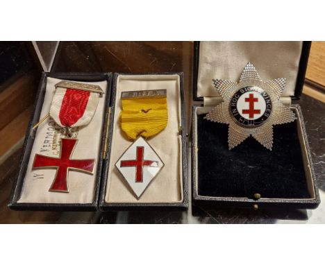 Silver Masonic Knights Templar Star Sash Badge, Knights Templar Breast Jewel &amp; Preceptor Hallmarked Freemasons Medals