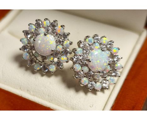 Opal, Silver &amp; White Stone Cluster Earrings Pair