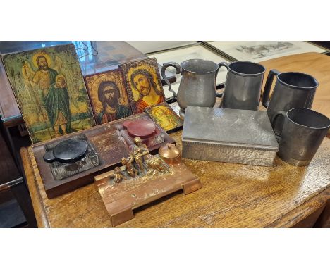 Pewter Antiques, Copper &amp; Vintage Inkwells + Religious Wooden Art