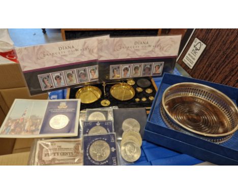 Antique Brass Pharmacist's Scales, Commemorative Coins, Princess Diana Royal Mail Sets etc
