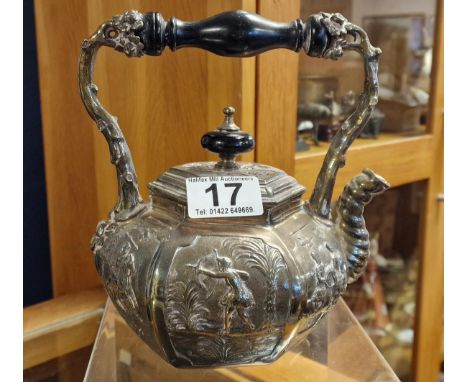 Antique White Metal Kettle, w/relief detail to the body of Hunting scenes, possibly oriental - 19cm high