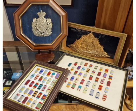 Army Regiment Framed Large Scale Lapel Badges inc South Africa 1900 + Pair of Medal Ribbon Sets