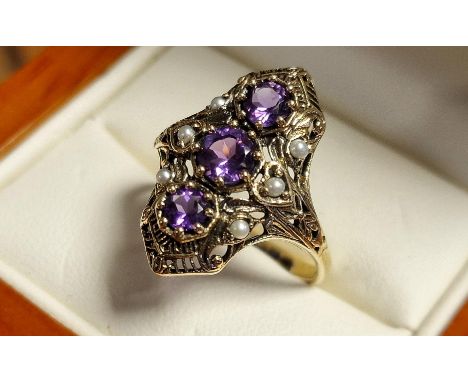 9ct Gold, Ameythst &amp; Seed Pearl Art Deco Style Dress Ring, size Q &amp; 3.8g