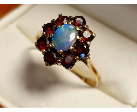 9ct Gold, Opal &amp; Garnet Cluster Ring, 2.15g &amp; size N