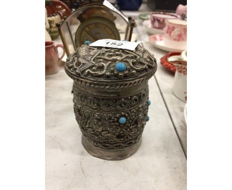AN ASIAN LOW GRADE SILVER LIDDED POT 