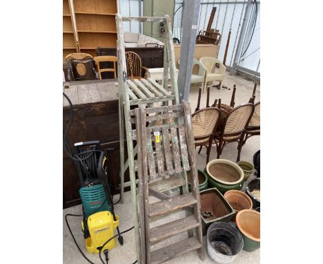 TWO SETS OF VINTAGE WOODEN FOLDING LADDERS 