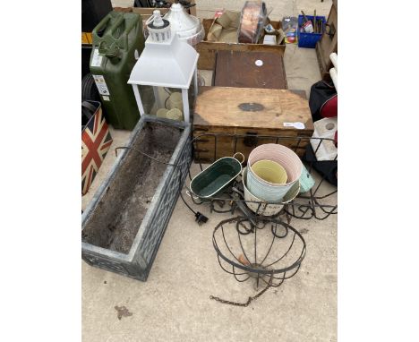 A MIXED LOT OF ITEMS, METAL BOUND HARDWOOD CHEST, PLANTER, GARDEN LIGHT ETC 