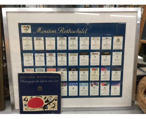 A RARE FRAMED QUANTITY OF VINTAGE MOUTON ROTHSCHILD WINE LABELS ACCOMPANIED WITH THE PAINTINGS FOR THE LABELS BOOK 