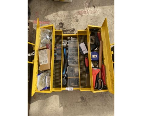 A YELLOW METAL CONCERTINA TOOL CHEST WITH ASSORTED TOOLS 