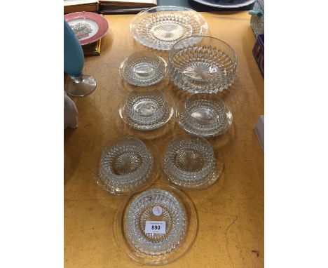 A LARGE GLASS BOWL, DESSERT DISHES WITH SAUCERS AND PLATE 