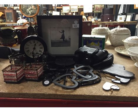 A MIXED LOT TO INCLUDE A FRAMED BANKSY PRINT, A MANTLE CLOCK, MIRANDA BINOCULARS IN A CASE, HEART SHAPED DECORATIONS, ETC 