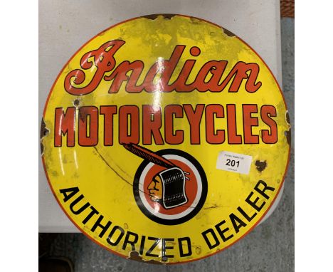 AN ENAMEL 'INDIAN MOTORCYCLES' SIGN, DIAMETER 30CM 