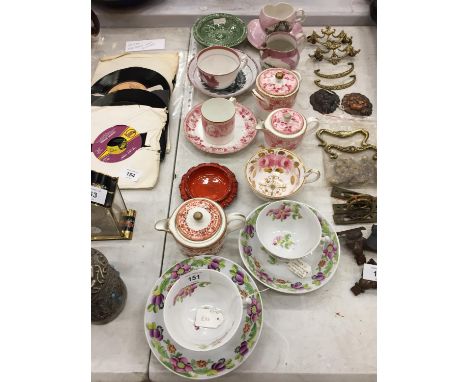 A QUANTITY OF ANTIQUE AND VINTAGE CHINA CUPS AND SAUCERS TO INCLUDE WEDGWOOD JUGS, SUGAR BOWL, CUP AND SAUCER, CIRCA 1820'S C