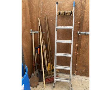 A SET OF STEP LADDERS AND ASSORTED GARDEN TOOLS ETC 