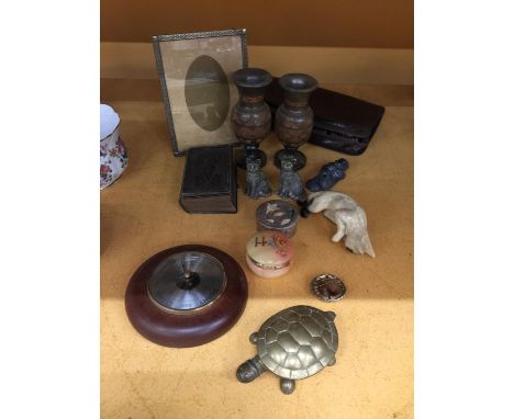 A MIXED LOT TO INCLUDE A BRASS TURTLE TRINKET, BAROMETER, PICTURE FRAME, ETC., 