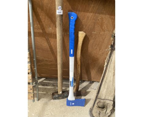 THREE VINTAGE HAND TOOLS - 2 X AXES AND A SLEDGEHAMMER 