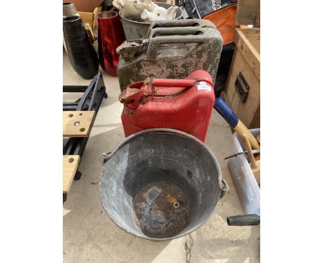 TWO VINTAGE PETROL JERRY CANS AND A GALVANISED BUCKET 