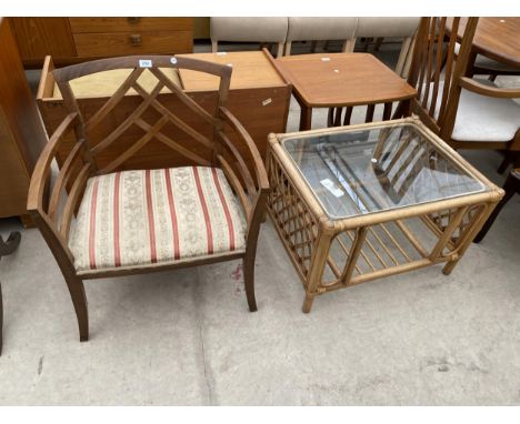 A MID 20TH CENTURY WALNUT LOUNGE CHAIR AND BAMBOO FRAMED LAMP TABLE 