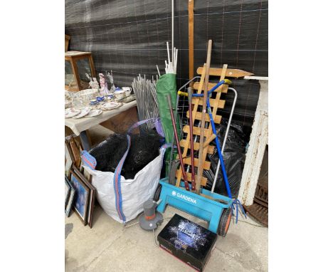 A FRUIT CAGE INCLUDING GARDEN ITEMS, TOOLS ETC 