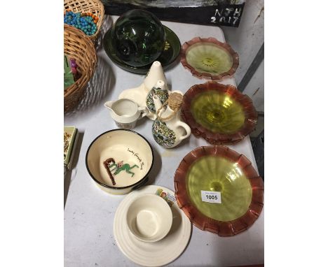 A TORQUAY WARE 'LUCKY CORNISH PIXIE' BOWL, LITTLE RED RIDING HOOD CUPS AND SAUCERS, COLOURED GLASS PLATES, STUDIO POTTERY NIB