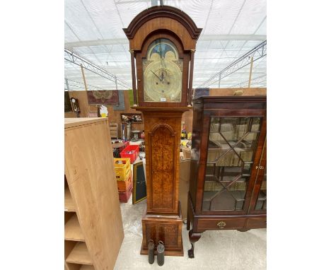 AN EIGHT-DAY BRASS FACED ROLLING MOON LONGCASE CLOCK MOVEMENT, IN LATER CASE 