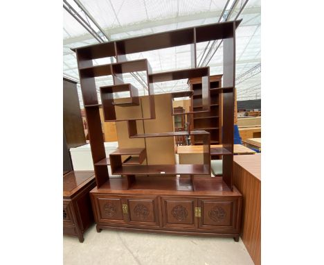 AN ASIAN HARDWOOD OPEN DISPLAY SHELVES WITH FOUR PANEL DOORS TO THE BASE, 58" WIDE, 12" DEEP AND 75" HIGH 