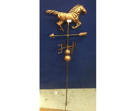 A VINTAGE COPPER EFFECT METAL WEATHER VANE WITH HORSE DESIGN TOP 