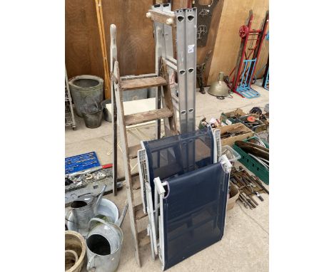 A SET OF VINTAGE WOODEN STEP LADDERS, FURTHER LADDERS AND FOLDING DECK CHAIR 