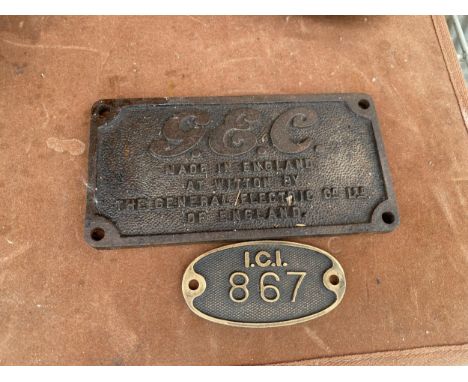 TWO VINTAGE METAL PLAQUES TO INCLUDE ONE BEARING THE INITIALS 'G.E.C' 