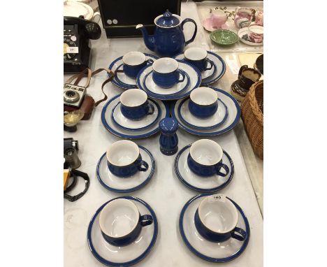 A BLUE DENBY TEASET TO INCLUDE A TEAPOT, BOWLS, CUPS, SAUCERS, ETC - 25 PIECES IN TOTAL 