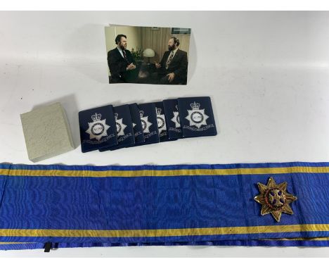 * A BOX OF SEVEN ENGLAND AND WALES ACPO WINE COASTERS, PHOTOGRAPH OF JAMES ANDERTON WITH TERRY WAITE AND A MASONIC SASH 
