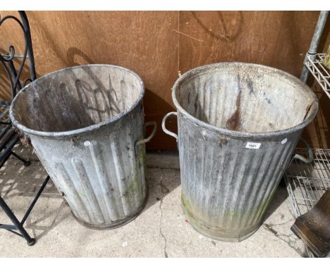 TWO VINTAGE HEAVY GALVANISED DUSTBIN PLANTERS 
