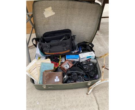 A SUITCASE OF ASSORTED CAMERAS, ORDNANCE SURVEY MAPS ETC 