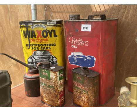 AN ASSORTMENT OF VINTAGE OIL DRUMS AND CANS TO INCLUDE CASTROL AND MILLERS ETC 
